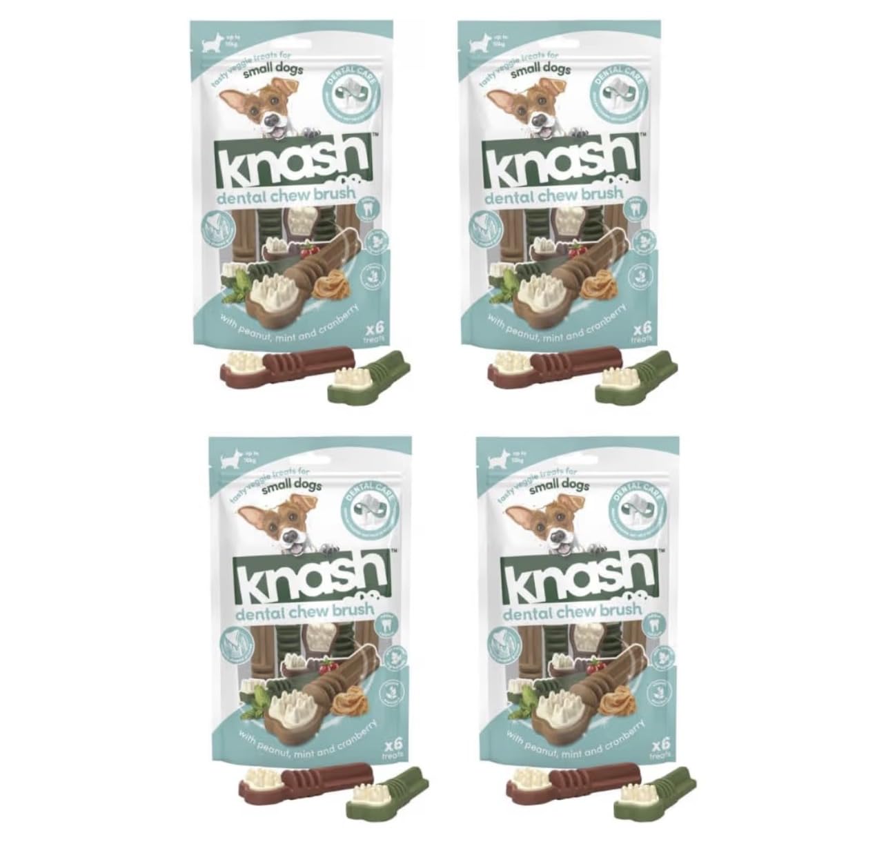 Knash Dental Chew Brush for Small Dogs, Peanut, Mint and Cranberry Flavour, 6 Treats per Pack, Pack of 4