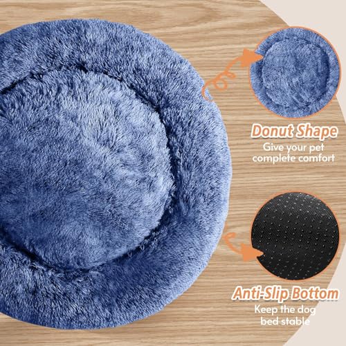 Image of JOLLYVOGUE Calming Dog Bed for Small Dogs - 23 inches Donut Washable Small Dog Bed for Kittens & Puppies, Anti-Slip Round Fluffy Plush Faux Fur Cat Beds (Fits up to 25 lbs Pets, Navy Blue)