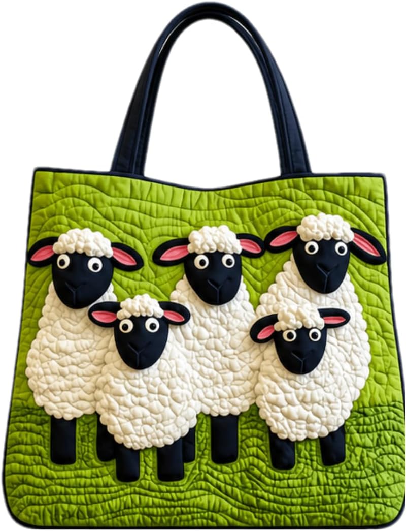 Handmade Sheep Quilted Tote Bag – Original Patchwork Cotton Fabric Shoulder Bag Large Capacity Casual Travel Bag