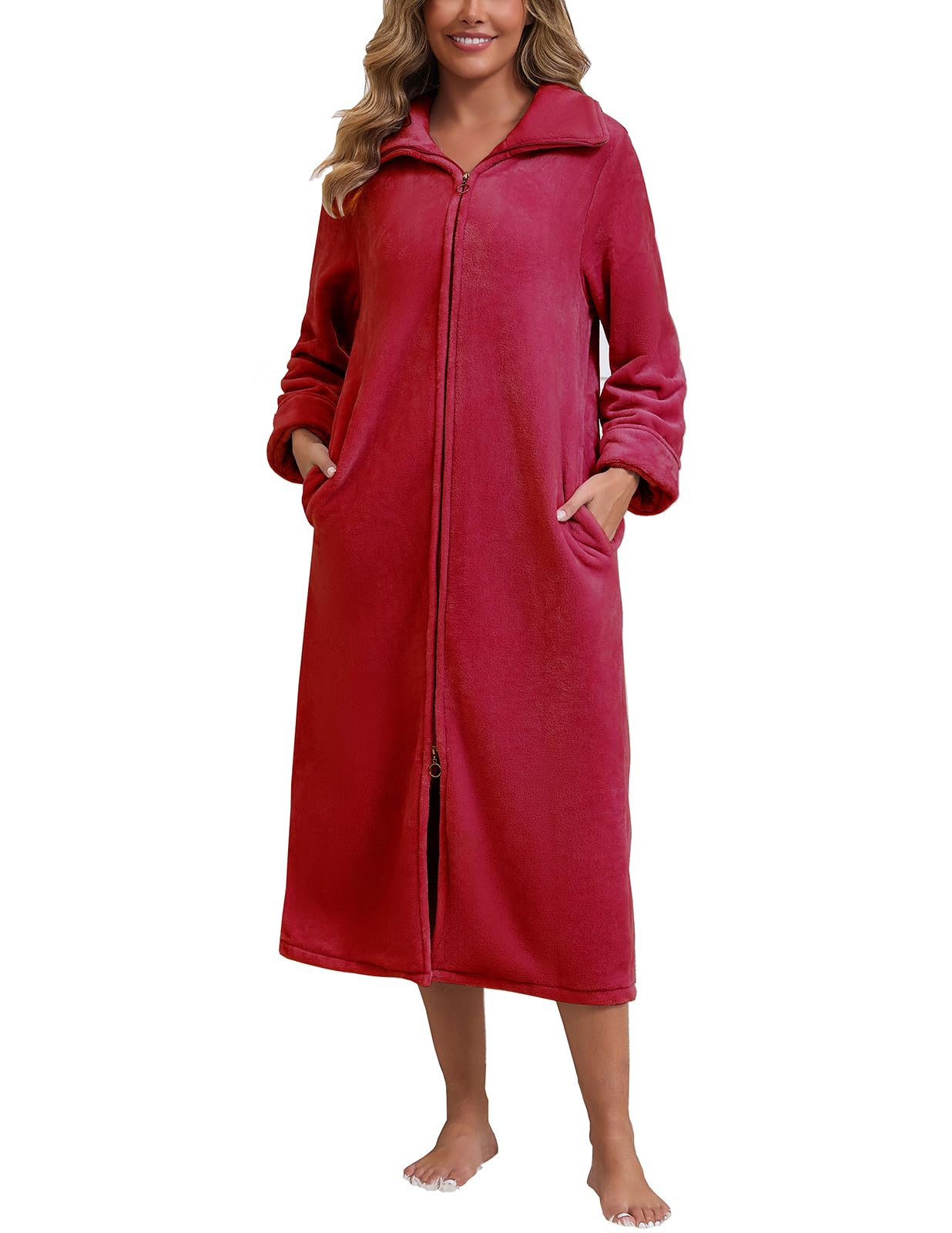 Rubehoow Peignoir en polaire doux et chaud pour femme avec fermeture éclair et poches pour l'hiver