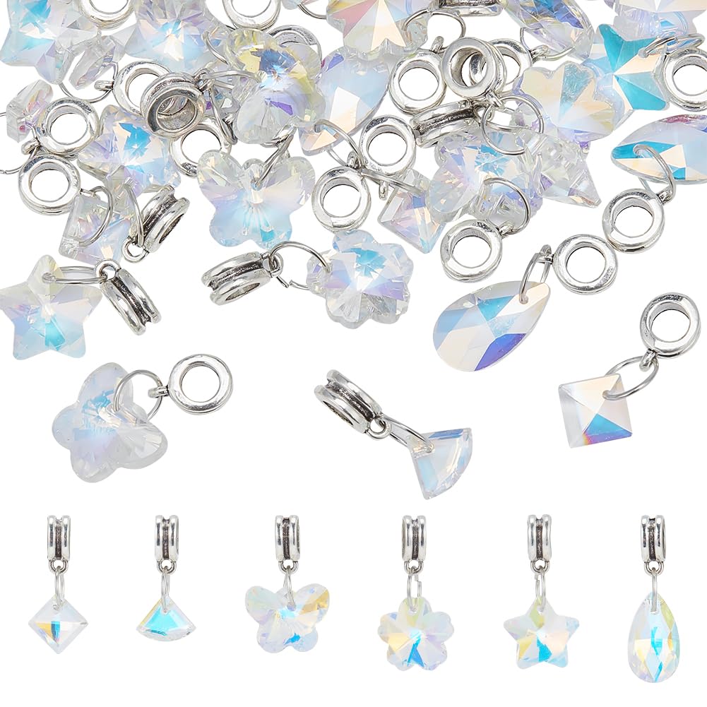 PH PandaHall 6 Style Crystal Glass Charms Pendants, 30pcs Faceted Butterfly Star Crystal Dangle Charms With Bail Hanger Large Hole Transparent Beads For Necklace Earrings Bracelets Keychains Jewelry