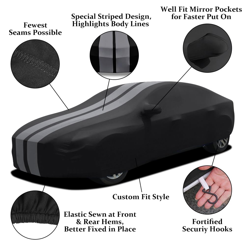 Bâche de Auto Intérieure, de Saloon/Berline Housse de Couverture Voiture Respirante Extensible en Velours élasticité, pour l'exposition de Garage/Voiture, L4.9~5.25M, Gris Rayé + Noir