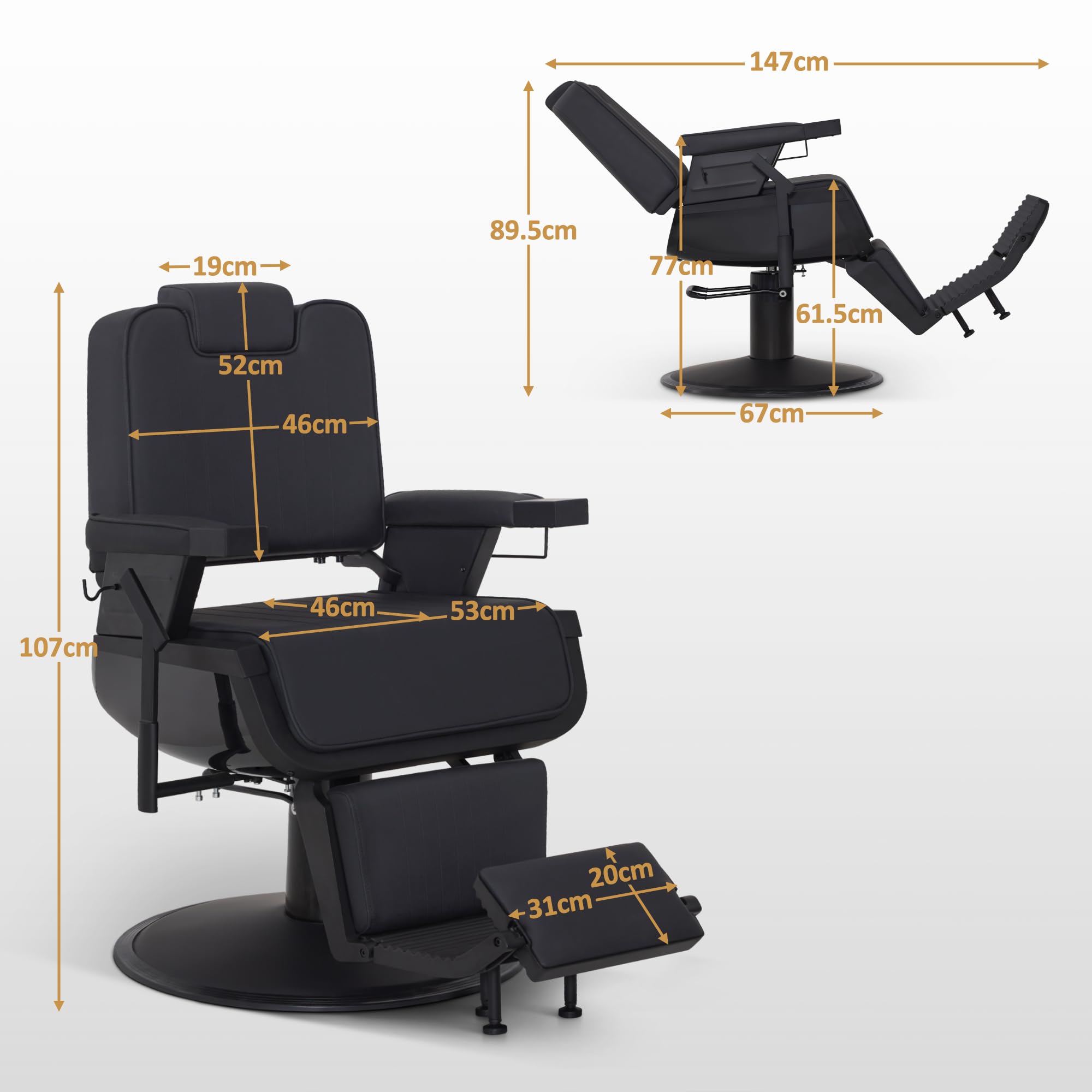 BarberPub Sillón de peluquería con reposacabezas inclinable, Equipo de peluquería con Bomba hidráulica giratoria 360°, sillón de Servicio Regulable en Altura, 3823 (Negro)