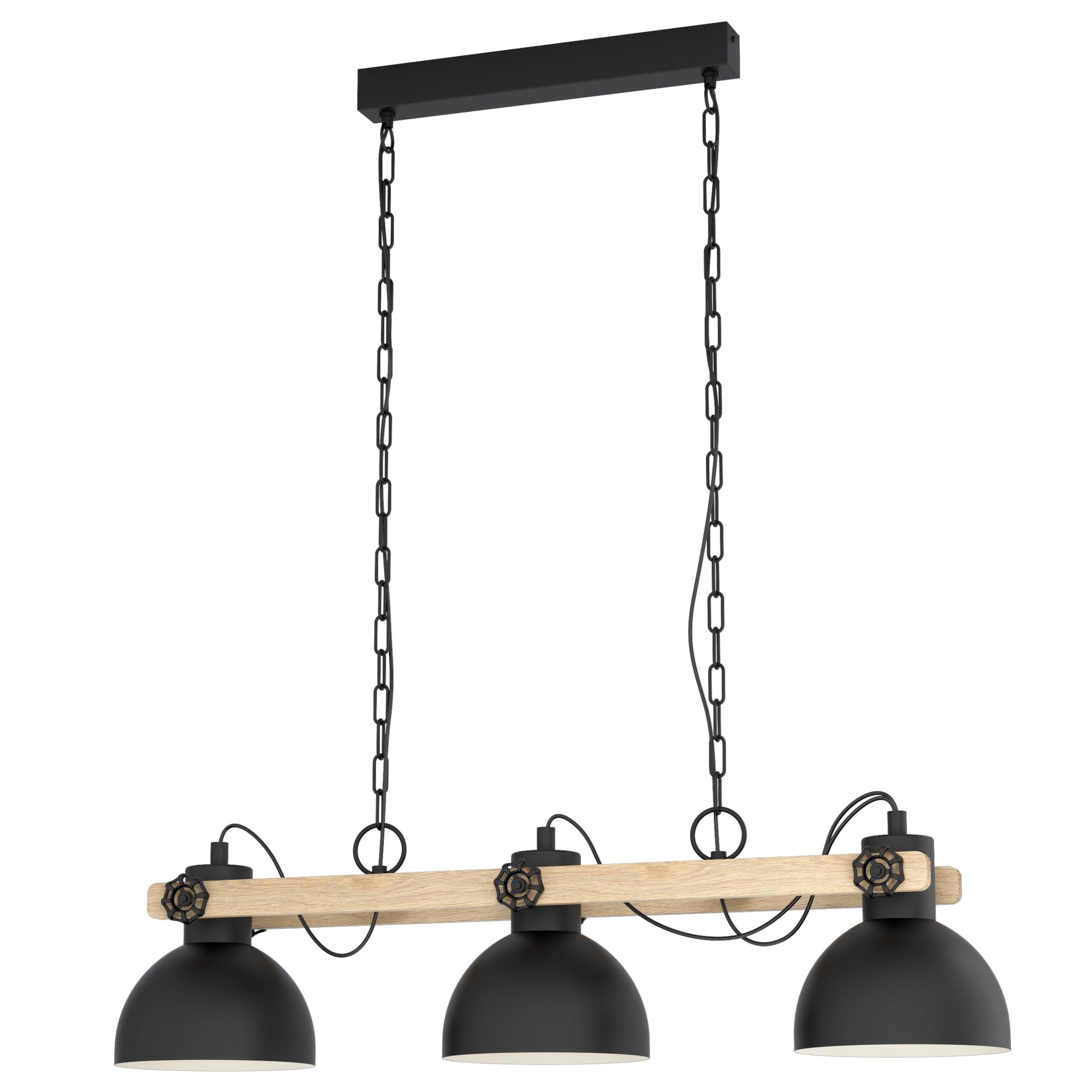 Eglo Lampada a sospensione Lubenham, Lampada Vintage a tre dal design industriale, lampadario retrò in acciaio e legno, nero, marrone, E27, certificazione FSC