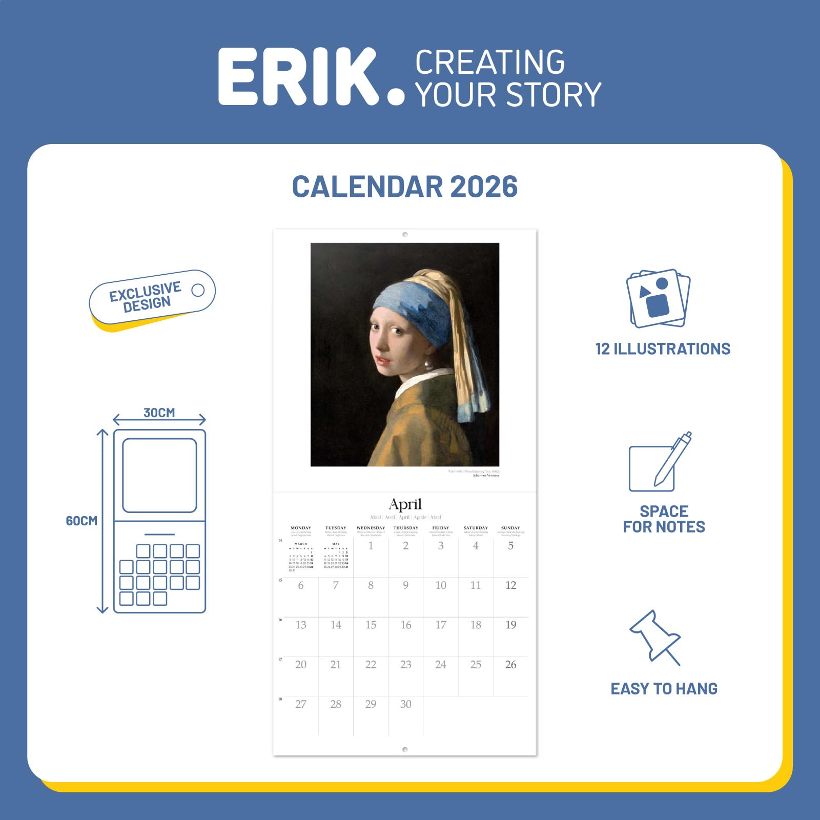 Grupo Erik Wall Calendar 2026 - Masterpieces Of Art Calendar 2026 | Square 30 x 30 cm - 12 x 12 inches Wall Planner, Family Planner Month To View | Gustav Klimt Gifts, Art Gifts For Friends