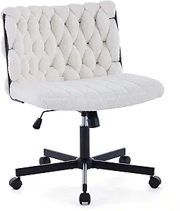 GarveeHome Modern Armless Criss Cross Office Desk Chair, Beige, 300 lbs Weight Capacity, Swivel, Cross Leg Base, Faux Fur Seat, Adult, Hard Floor