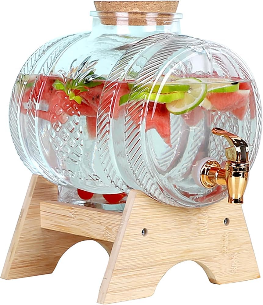 Getränkespender aus Glas mit Zapfhahn und Deckel – transparenter Getränkespender auf Holzständer für Wasser, Saft, Veranstaltungen und den Außenbereich – idealer Servierbehälter