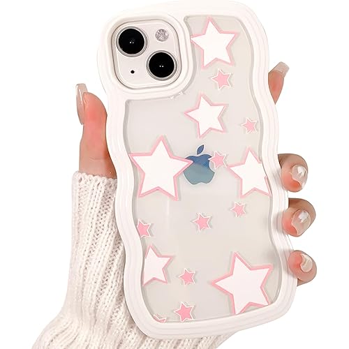 NITITOP Compatible for iPhone 13/ iPhone 14 Case Cute Pink Stars Curly Wave Wavy Frame Shape Shockproof Soft TPU 2 in 1 Phone Cover for Women Girl-White Pink Star