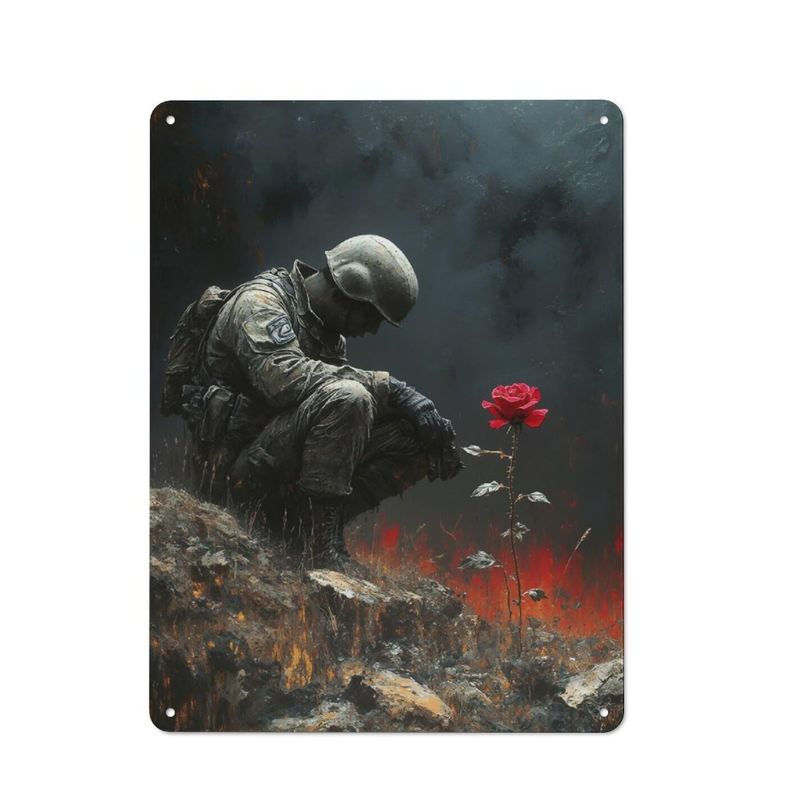 Junmoney Style-17 Soldier And Rose In War Landscape Printed Metal Sign 40X30cm For Man Cave Or Games Room, Suited To Games Room Collectors