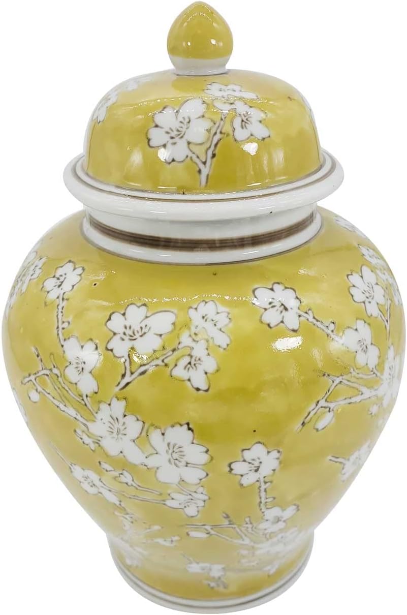 Galt International Yellow and White Floral Chinoiserie Jar 12" w/Lid - Ginger Jar, Tea Storage, Decorative, Home Décor Vase