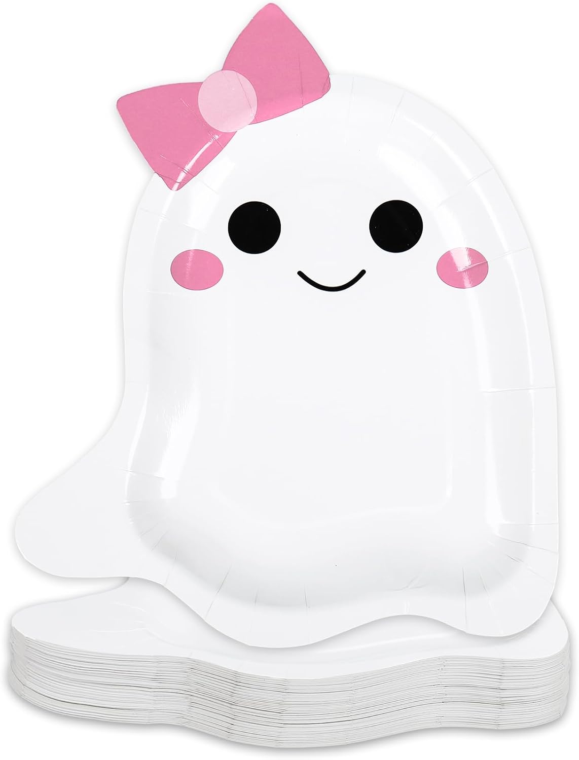 JarThenaAMCS 50Pcs Halloween Paper Plates Pink Bow Ghost Disposable Plate Cute Boo Dinner Plate for Halloween Baby Shower Party Table Decor, 10.6 x 8.7 Inch