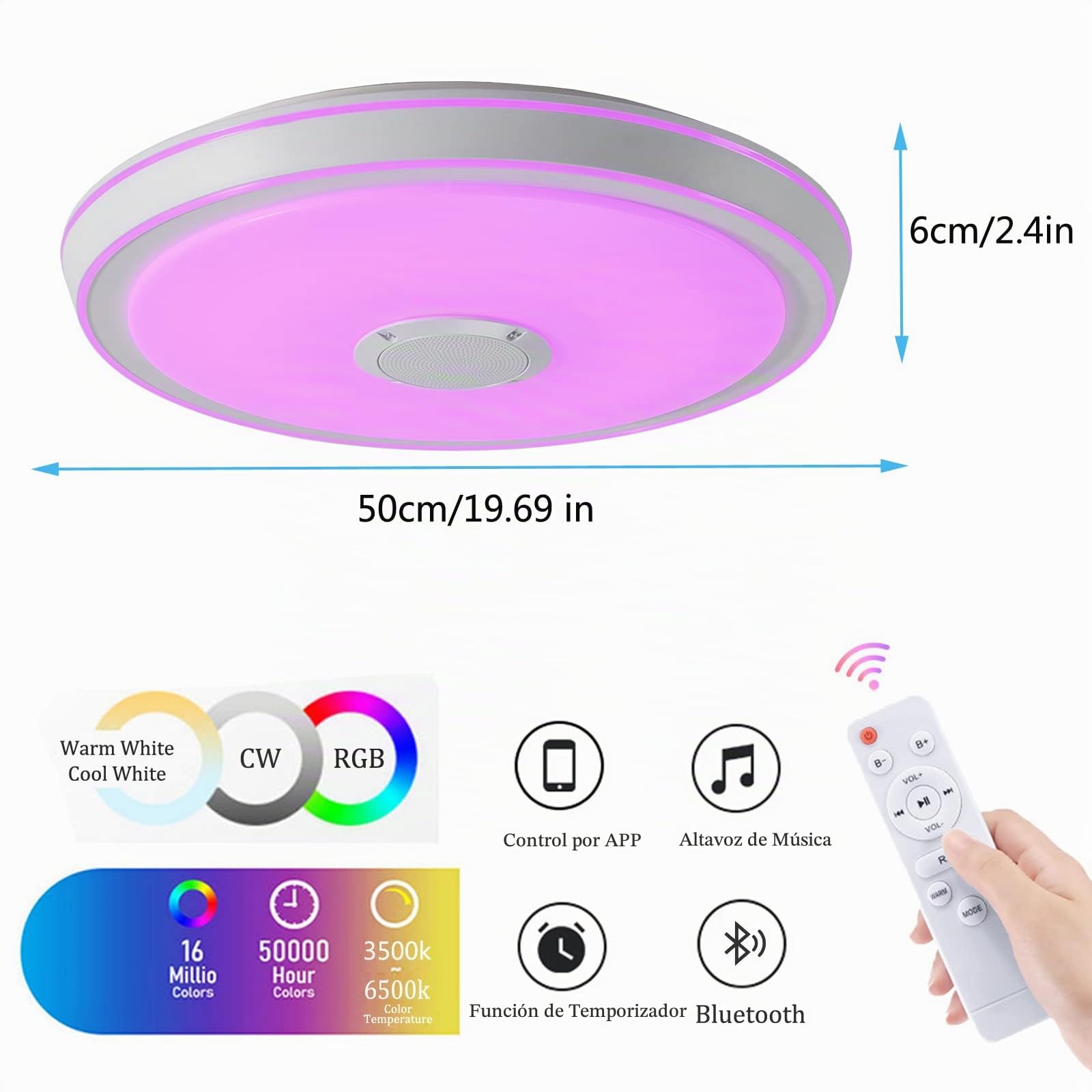 VOMI Lámpara de Techo RGB con Altavoz Bluetooth 50cm Música Lampara de Techo con Mando a Distancia y App Control Regulable Cambio de Color Plafon LED Techo para Salon Dormitorio Habitacion Infantil