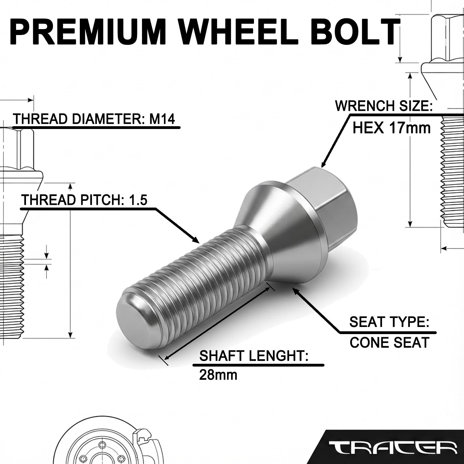 TRACER 20 bulloni ruota cintura conica 60° M14 x 1.5 28mm compatibile con Audi