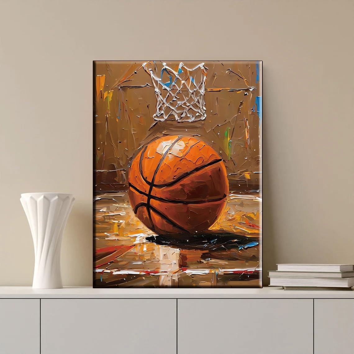 TANXM Textured Basketball Court Wall Art, Retro Basketball Sports Canvas Print, Rustic Man Cave Decor for Basketball Lovers, Framed Ready to Hang 12x16 Inch