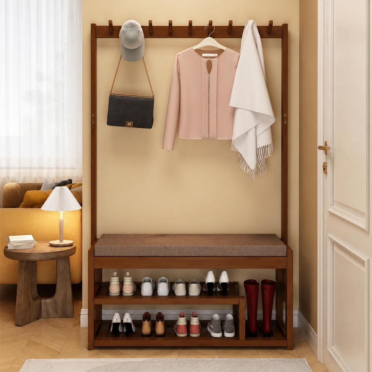 Árbol de Entrada, Perchero y Banco de Almacenamiento de Zapatos, Banco de Madera Maciza con Asiento Acolchado, Multifuncional