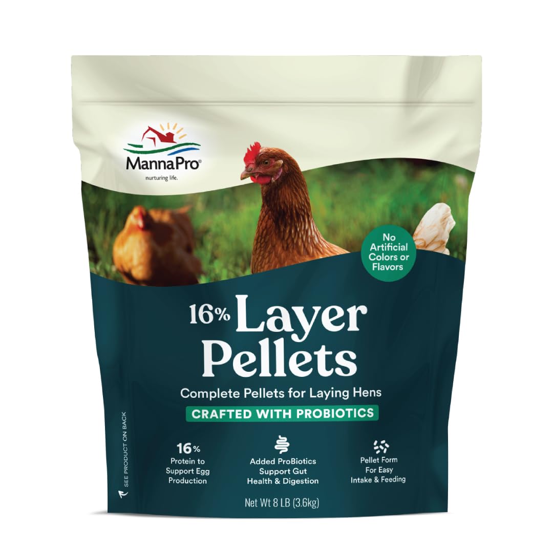 Manna Pro Layer Pellets Chicken Feed, 16% Protein Complete Feed for Laying Hens with Probiotics for Digestive Health, Nutrient-Rich Chicken Food Pellets for Egg Production, Made in USA, 8 lb Bag