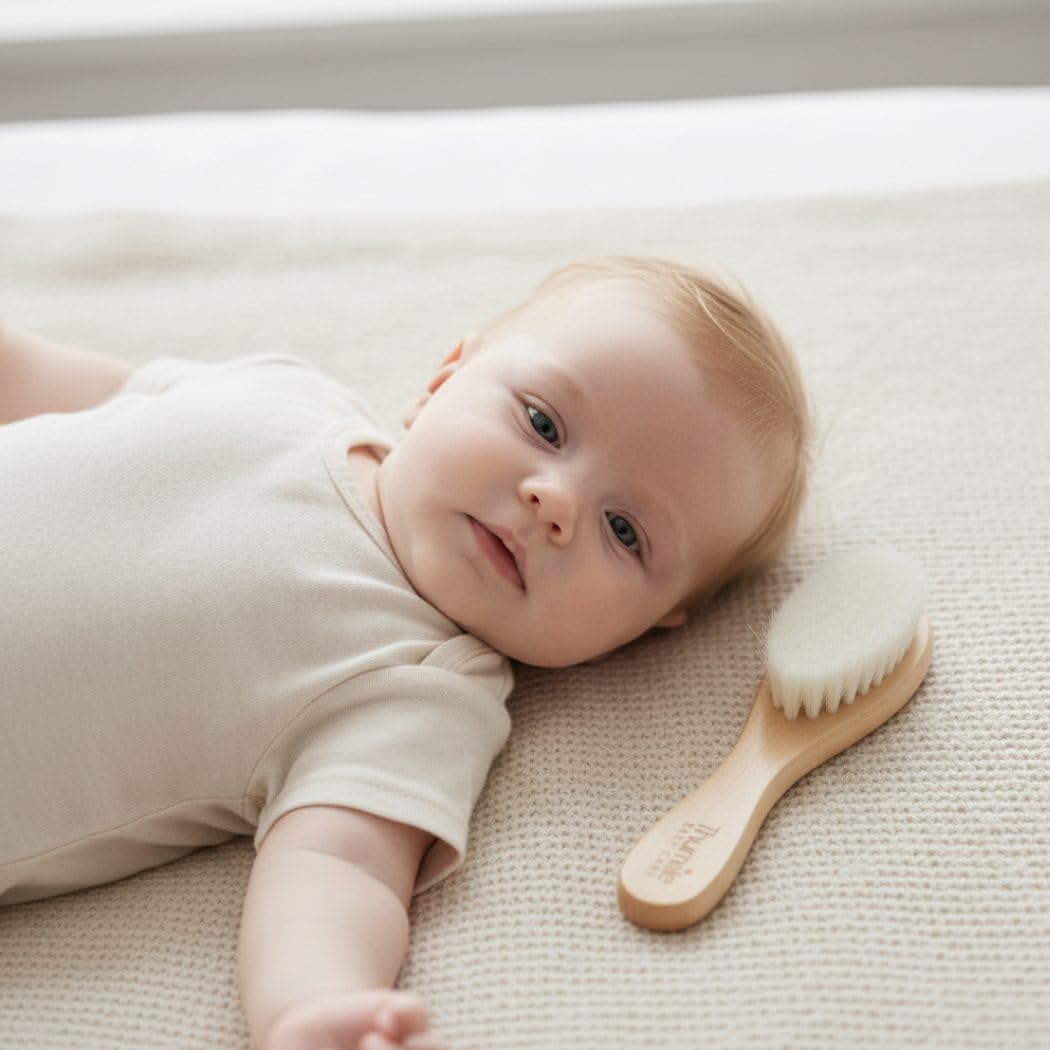 Brosse à Cheveux Bébé Poils de Chèvre Doux | Brosse Douce pour Nouveau-Né & Croûtes de Lait | En Bois Naturel Sans Plastique | Thumble Baby Care | Cadeau Baby Shower