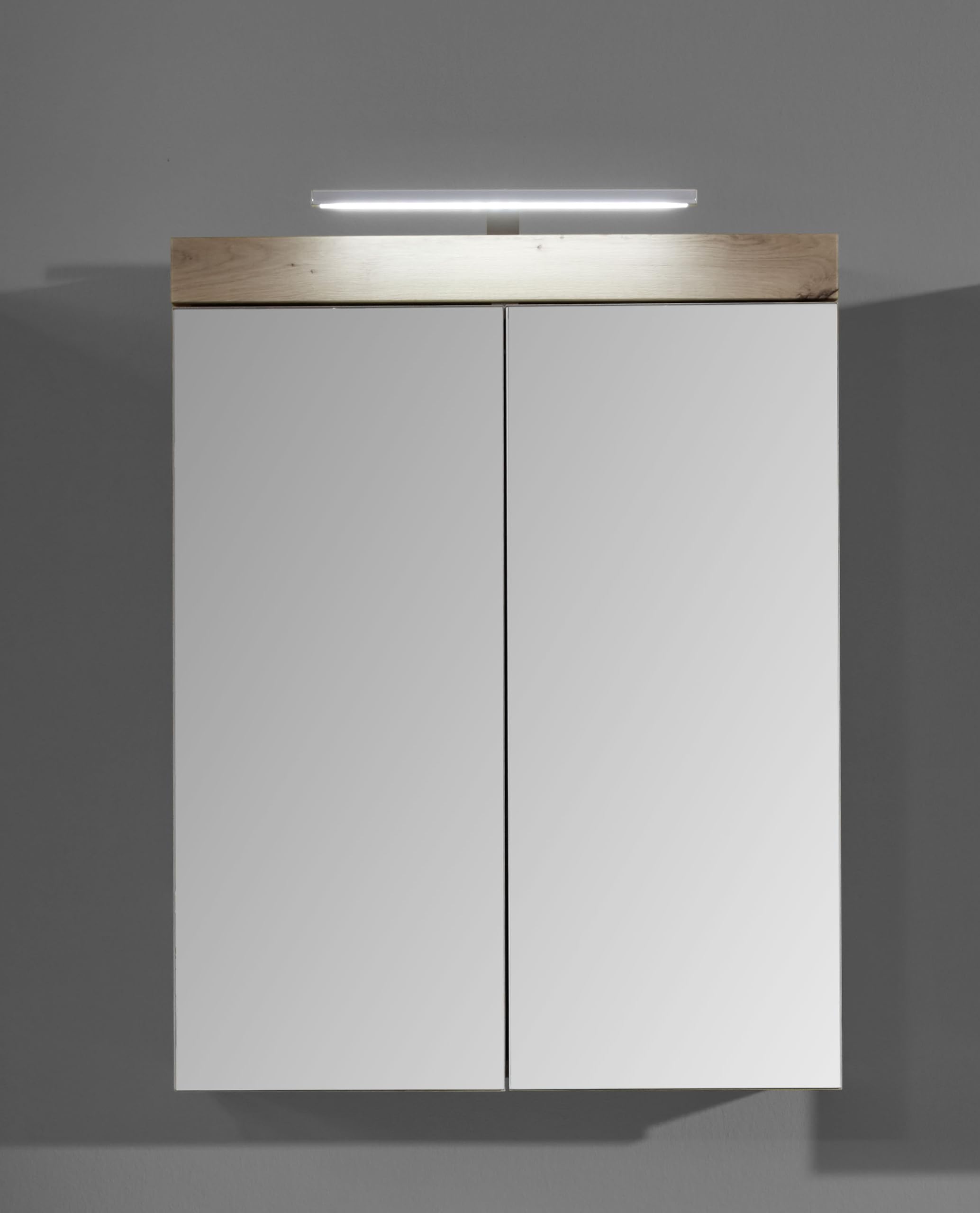 trendteam smart living - Spiegelschrank inkl. Beleuchtung - Bad - Amanda - Aufbaumaß (BxHxT) 60 x 77 x 17 cm - Farbe Weiß Hochglanz mit Asteiche - 139340607