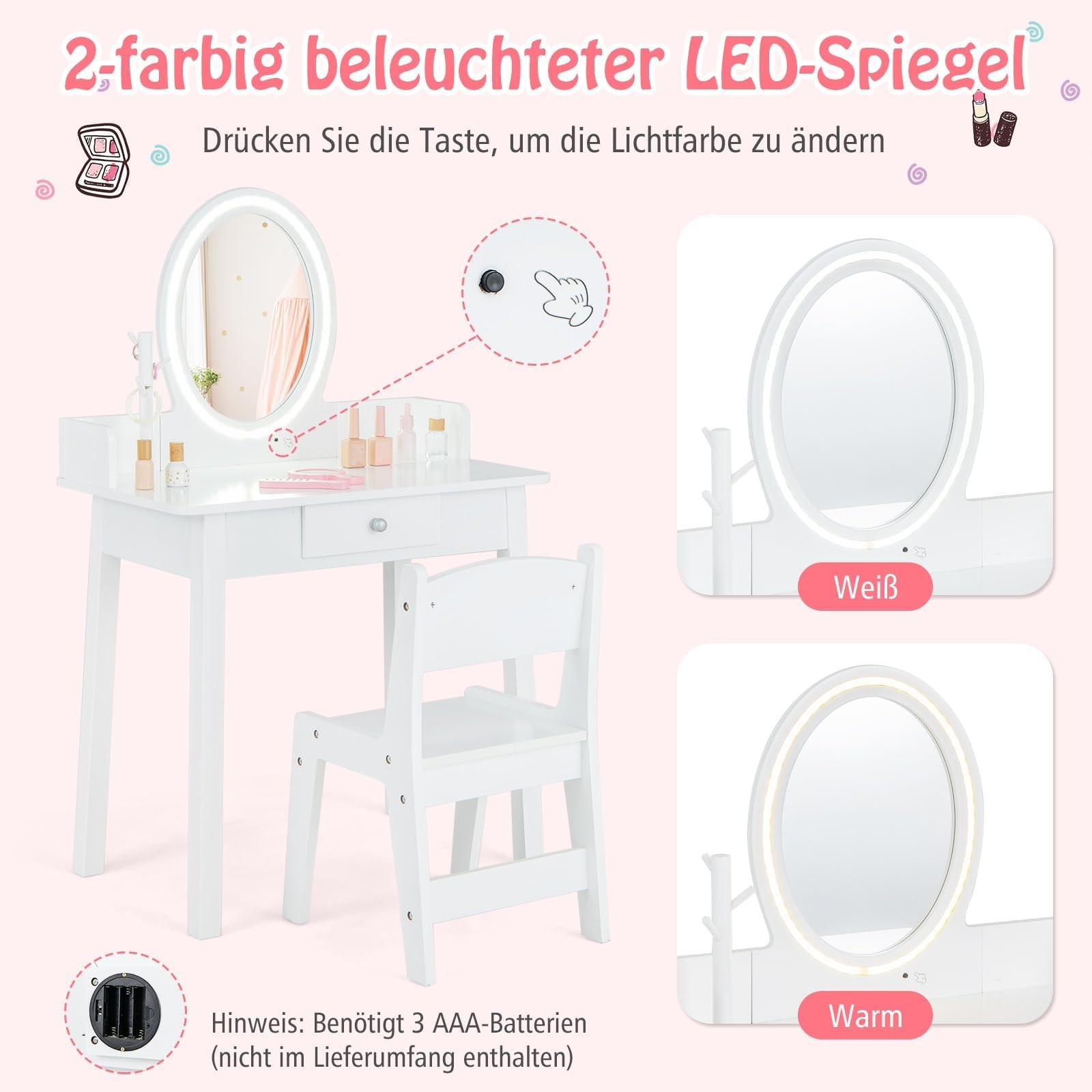 COSTWAY 2 in 1 Kinder Schminktisch mit Hocker, Frisiertisch mit Beleuchtung, Schminkkommode aus Holz mit Schublade & Schmuck-Organizer, Kosmetiktisch Prinzessin für Mädchen ab 3 Jahren (Weiß)