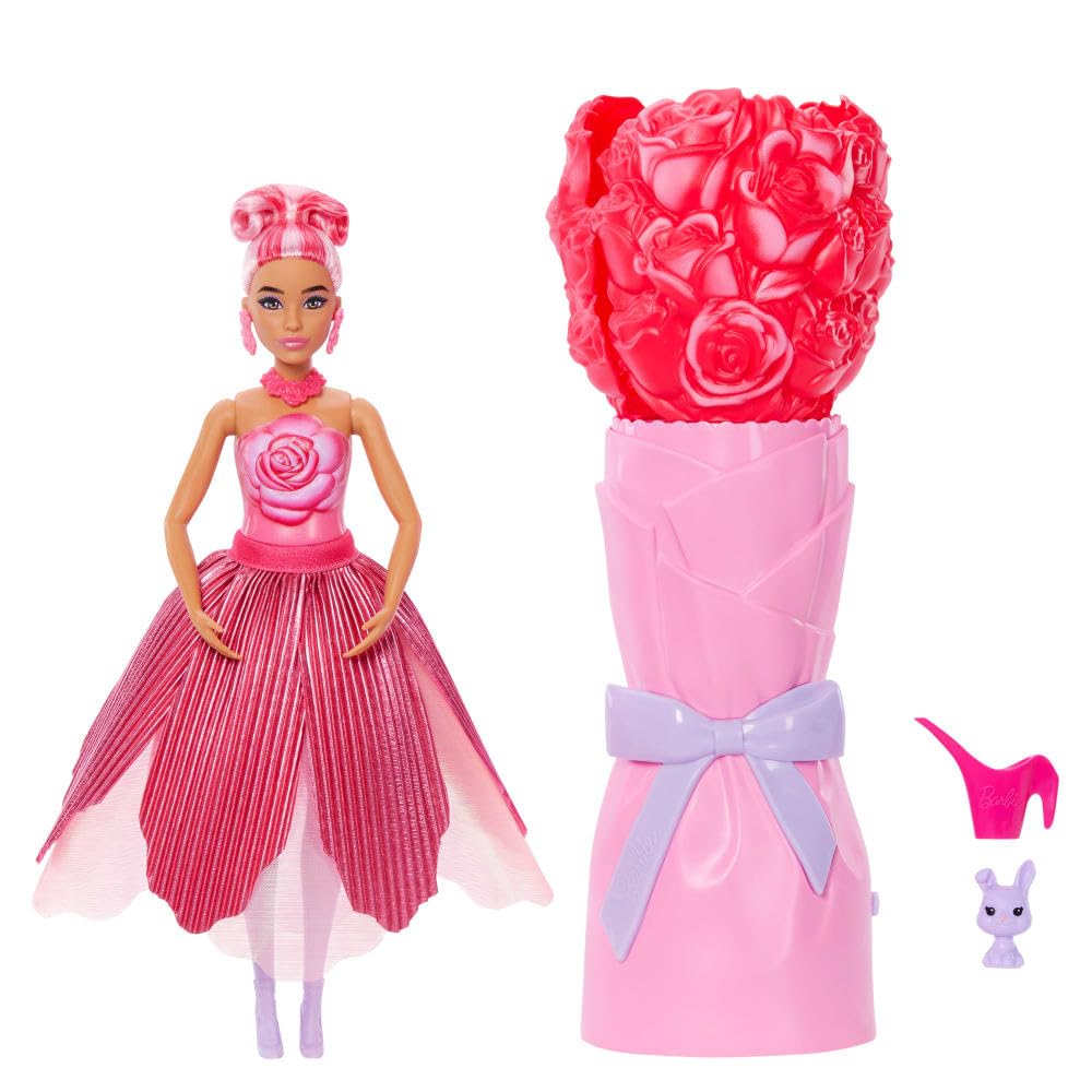 Photo 1 of Barbie Petal Pop Scented Doll with Rose Dress & Accessories, Bouquet Reveal with Pet Bunny & Surprises Like Watering Can, Necklace & Earrings???