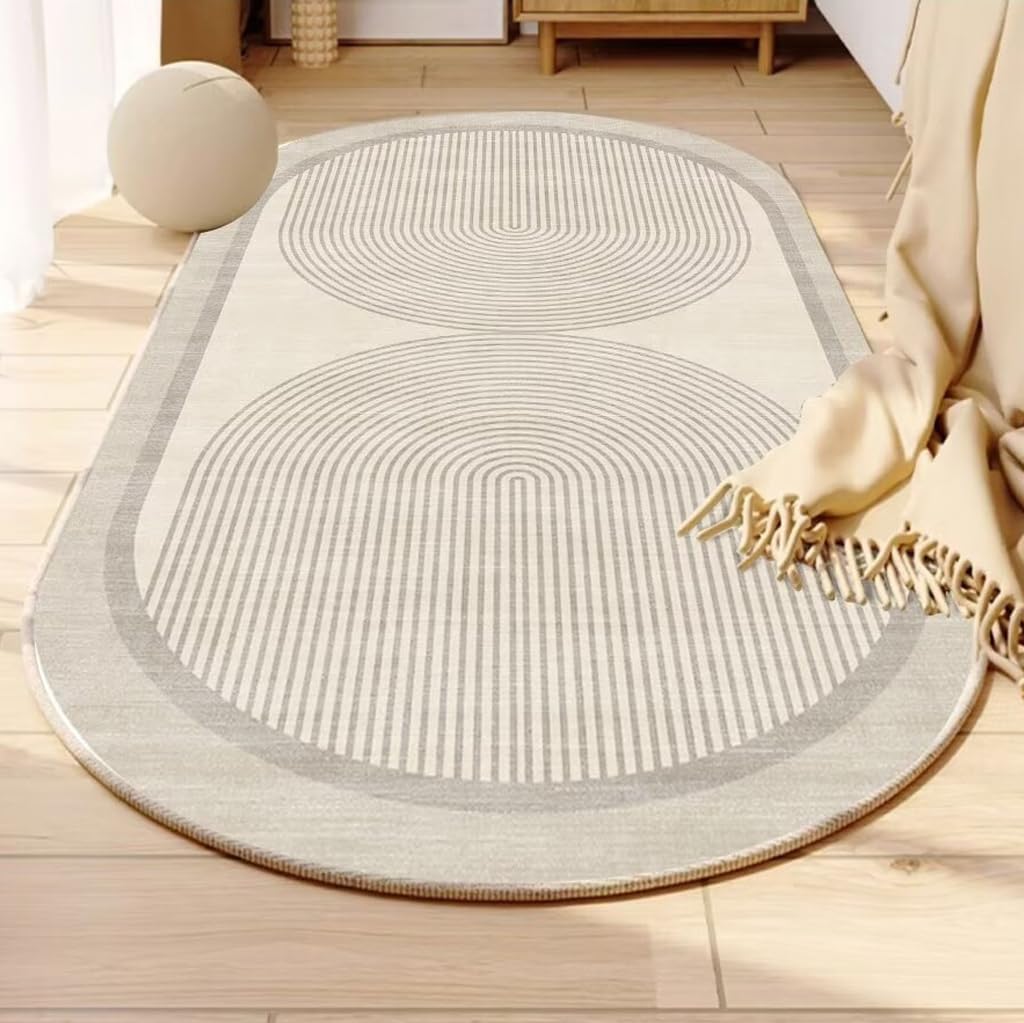 Tapis à rayures bicolore beige et gris lavable pour intérieur