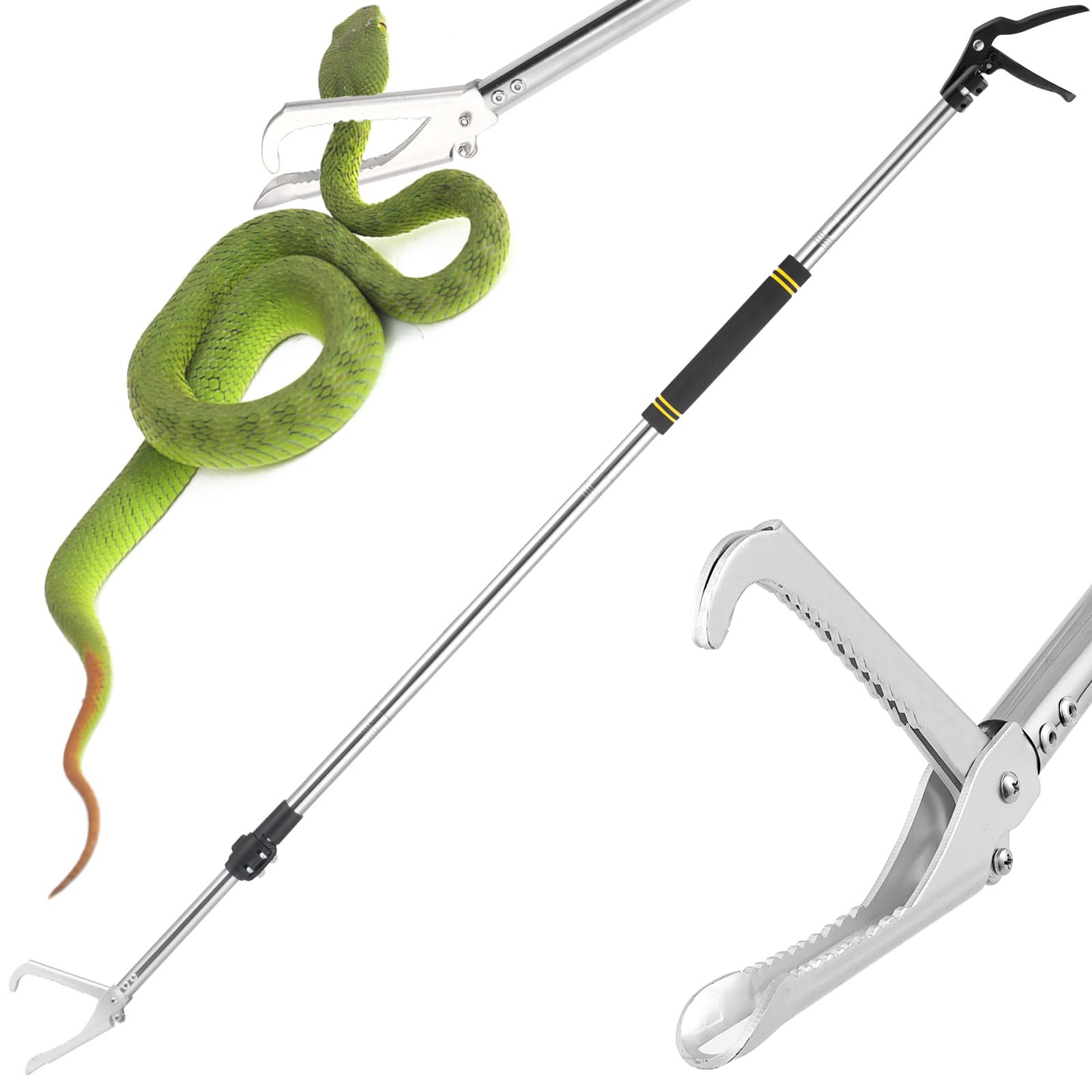 Schlangenzange, 175 cm, Schlangengreifer für Klapperschlange und Reptilienzange, Schlangenhaken, robust und aus Edelstahl, Rohrschwammgriff mit breiter Backe, Schwarz