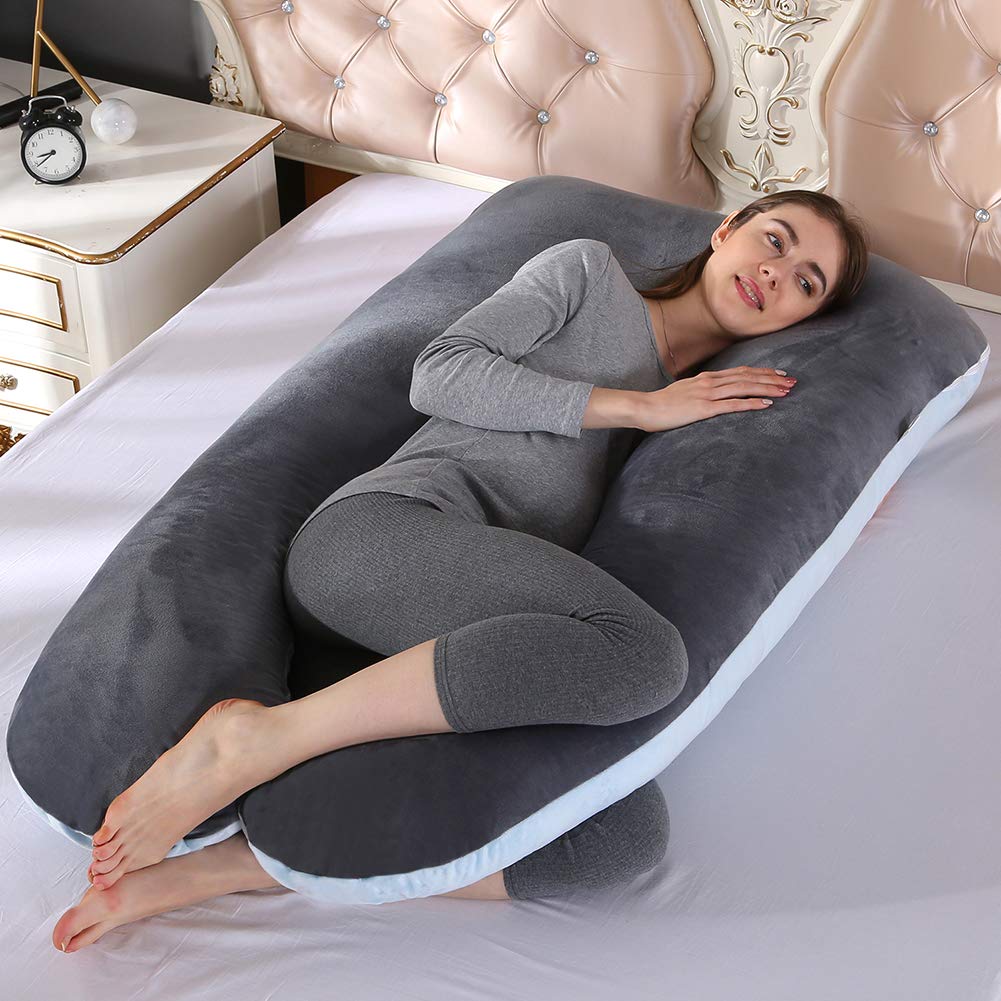 Cuscino per allattamento a forma di U con cerniera rimovibile in velluto di cotone per donne incinte, supporto schiena, fianchi, gambe, velluto, grigio + blu