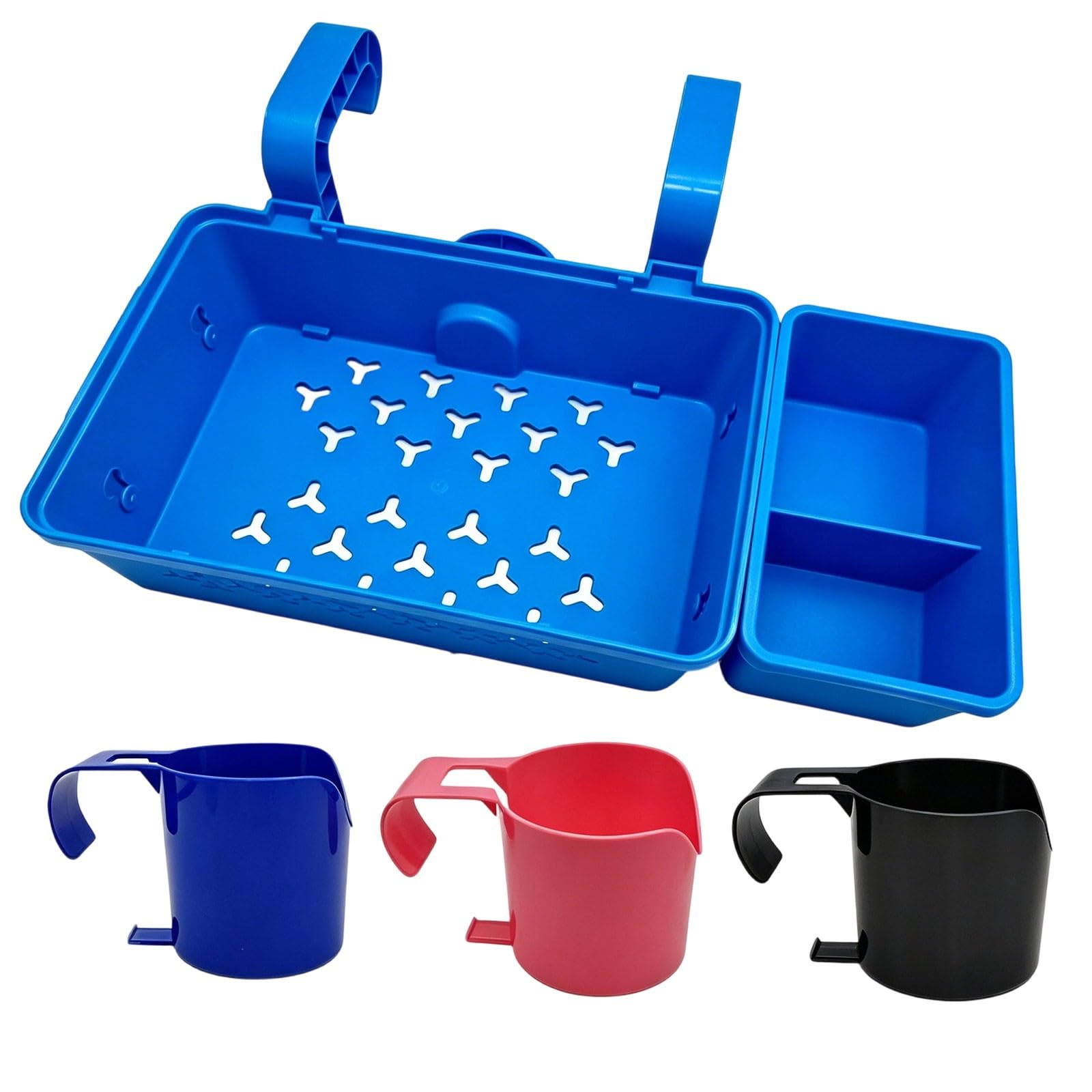 Poolside Storage Basket with Cup Holders & Hanging Hook Large Capacity Swimming Pool Accessories Organiser Hangable Basket Ideal for Deck Storage and Beverage Management (Blue+3Mix)