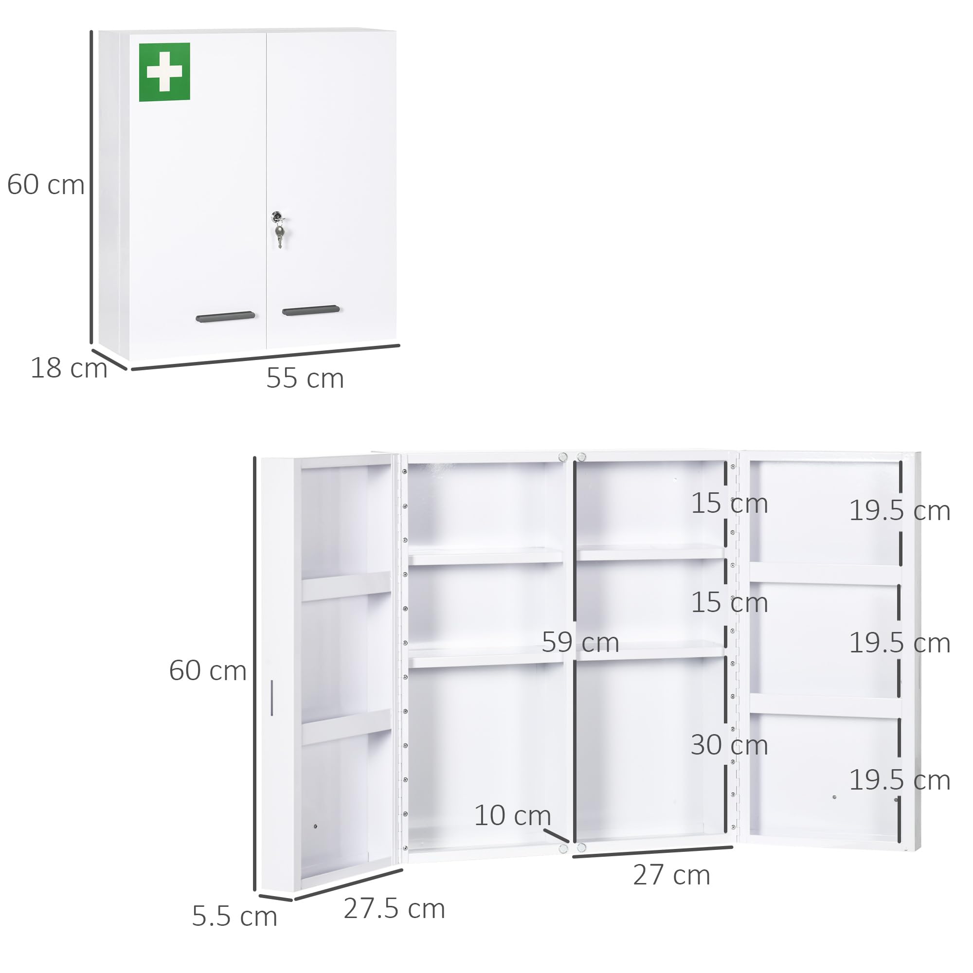 kleankin Armadietto Medicinali a 6 Ripiani con Serratura e 2 Chiavi di Sicurezza, Mobiletto Medicine in Acciaio, 55x18x60 cm, Bianco