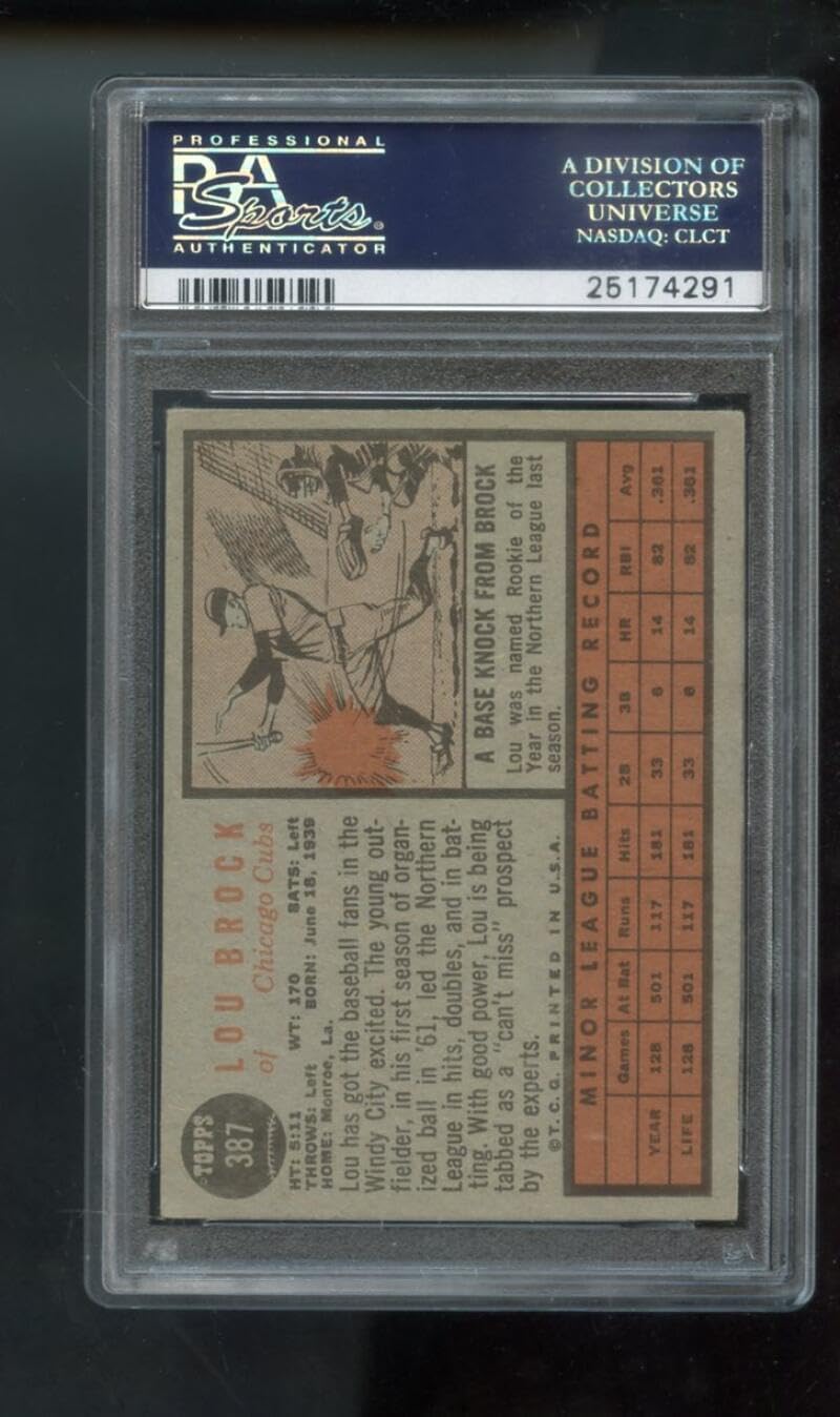 1962 Topps #387 Lou Brock ROOKIE RC PSA 3 Graded Baseball Card MLB Chicago Cubs