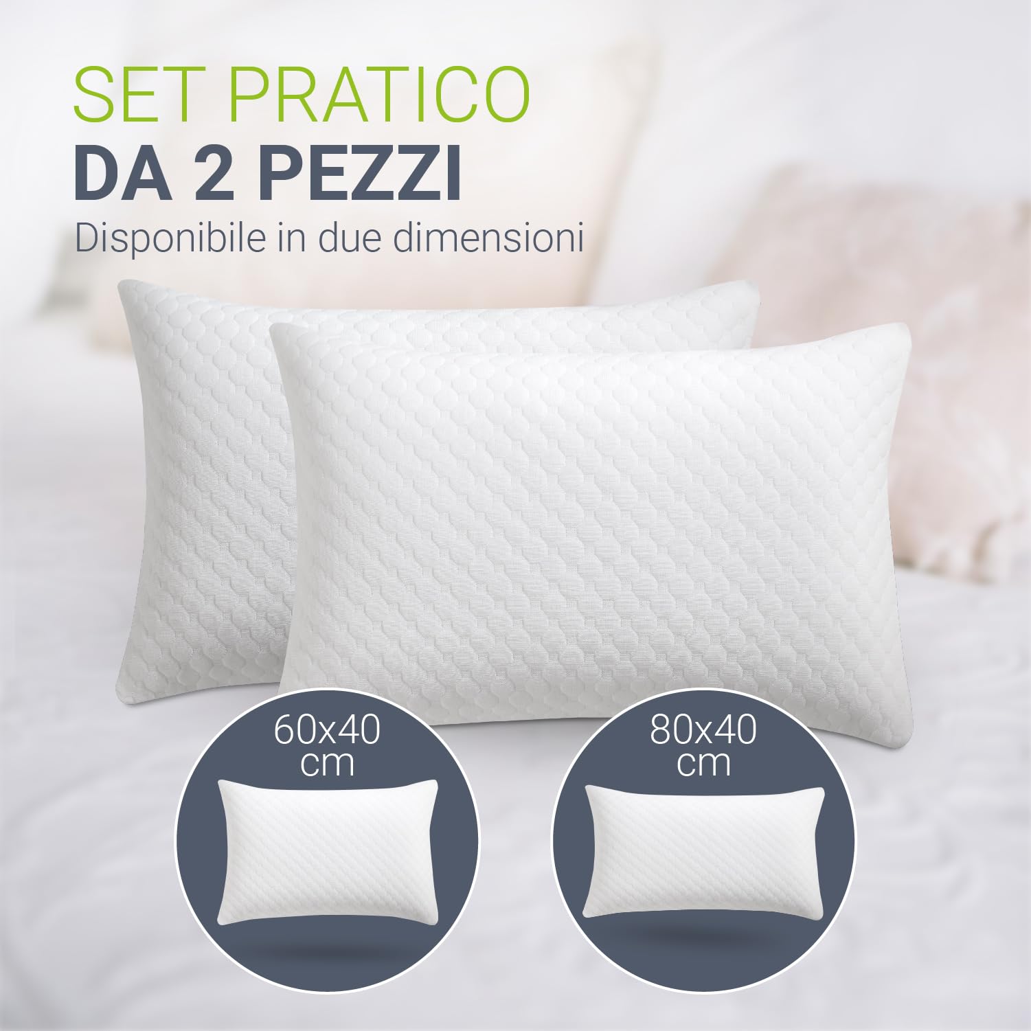 Juskys set da due cuscini da 40x60 cm per il letto – Imbottitura traspirante in memory foam – Fodera lavabile – Bianco