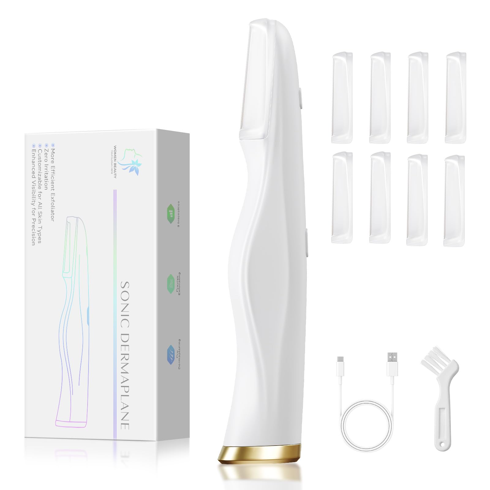 Photo 1 of Sonic Dermaplane Tool, Electric Facial Hair Remover for Women & Eyebrow Trimmer, Exfoliating Face Razor - Peach Fuzz & Dead Skin, 8 Replacement Blades(3 Months Supply), 3-Speed Adjustable(White)