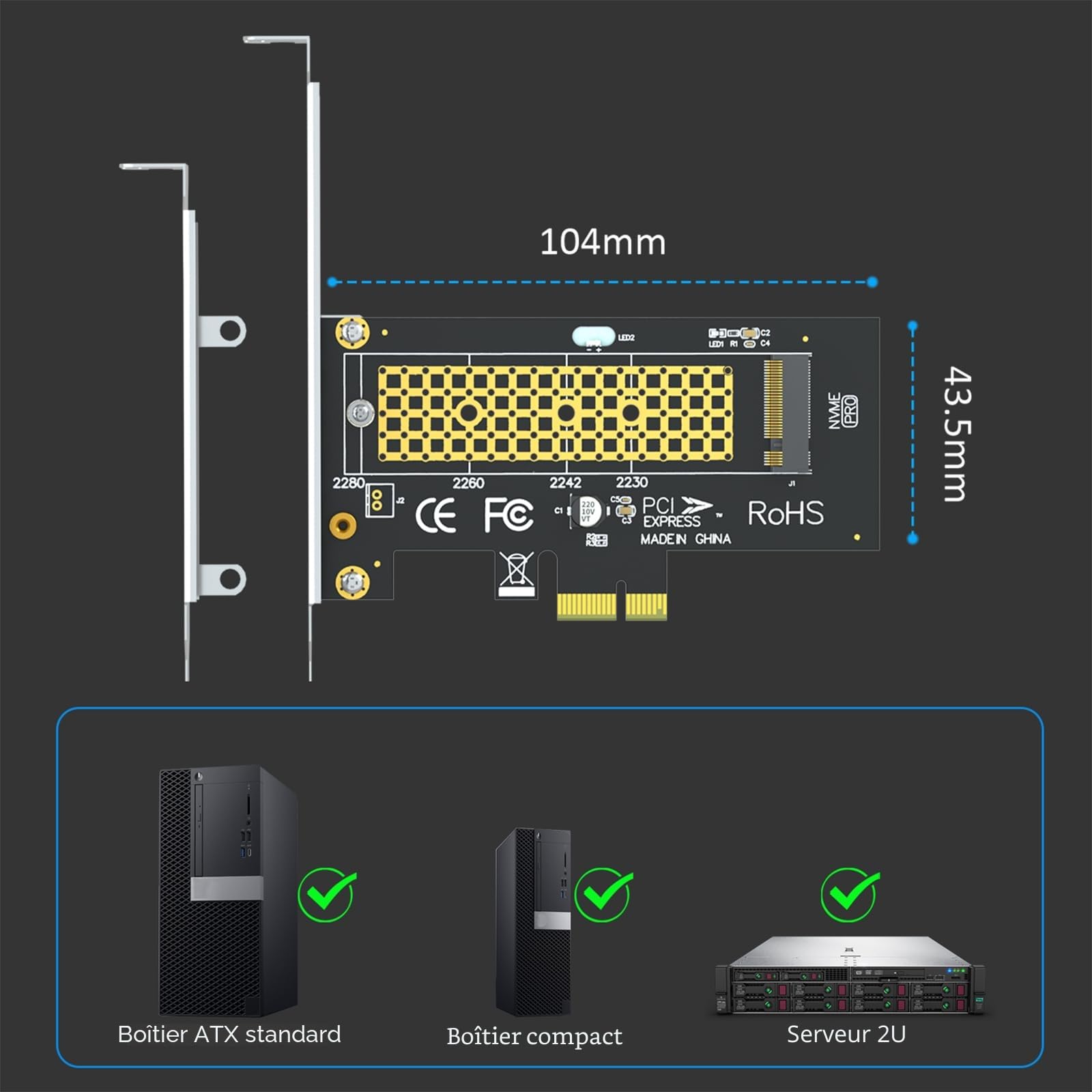 GLOTRENDS PA09-X1 Adaptateur M.2 NVMe vers PCIe X1 pour SSD 2230/2242/2260/2280