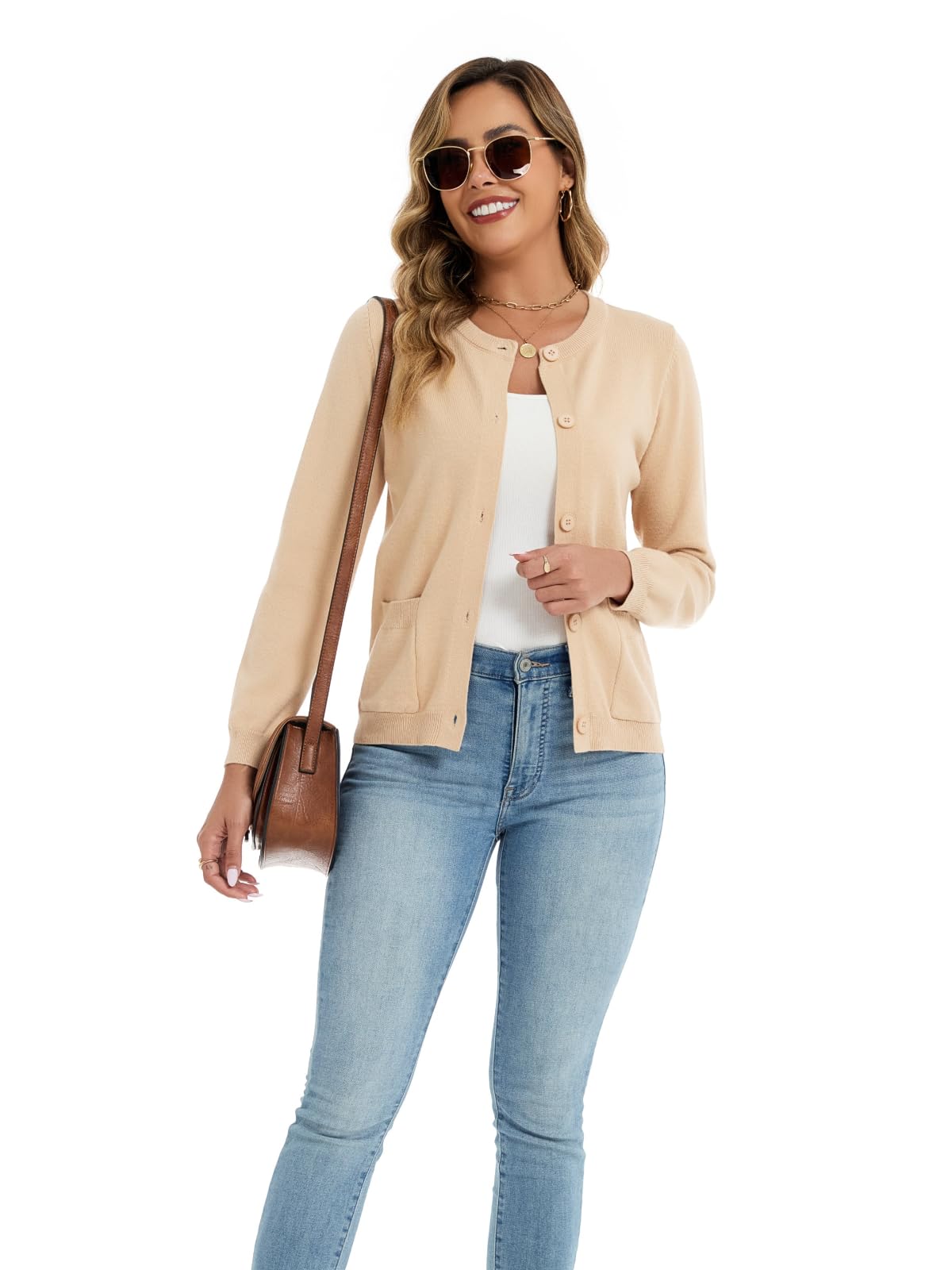 Cárdigan de punto para mujer de manga larga, cuello redondo, corto, de punto fino, con botones, bolsillos, informal, suave y fino