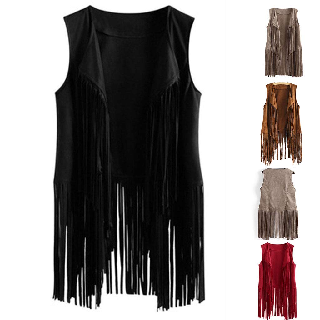 Gilet da donna, stile hippie, senza maniche, con frange, in finta pelle scamosciata, con nappe vintage