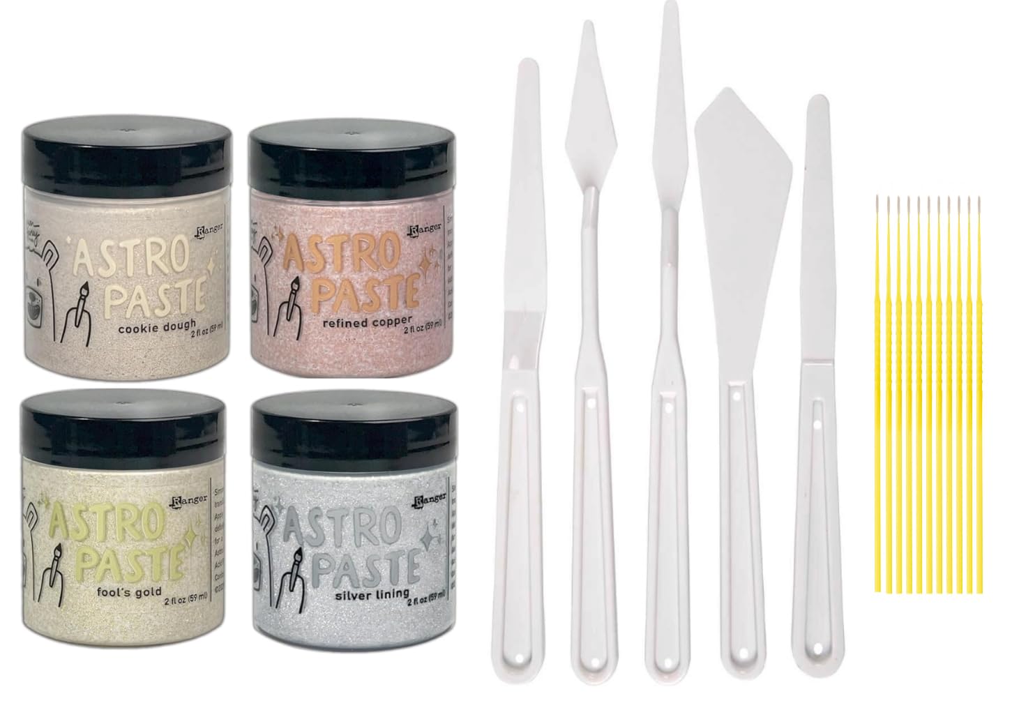 Simon Hurley Astro Paste Bundle - 4 Metallics Cookie Dough, Fool's Gold, Silving Lining, Refined Copper February 2025 Release with Palette Knives and Trebbies Detail Sticks