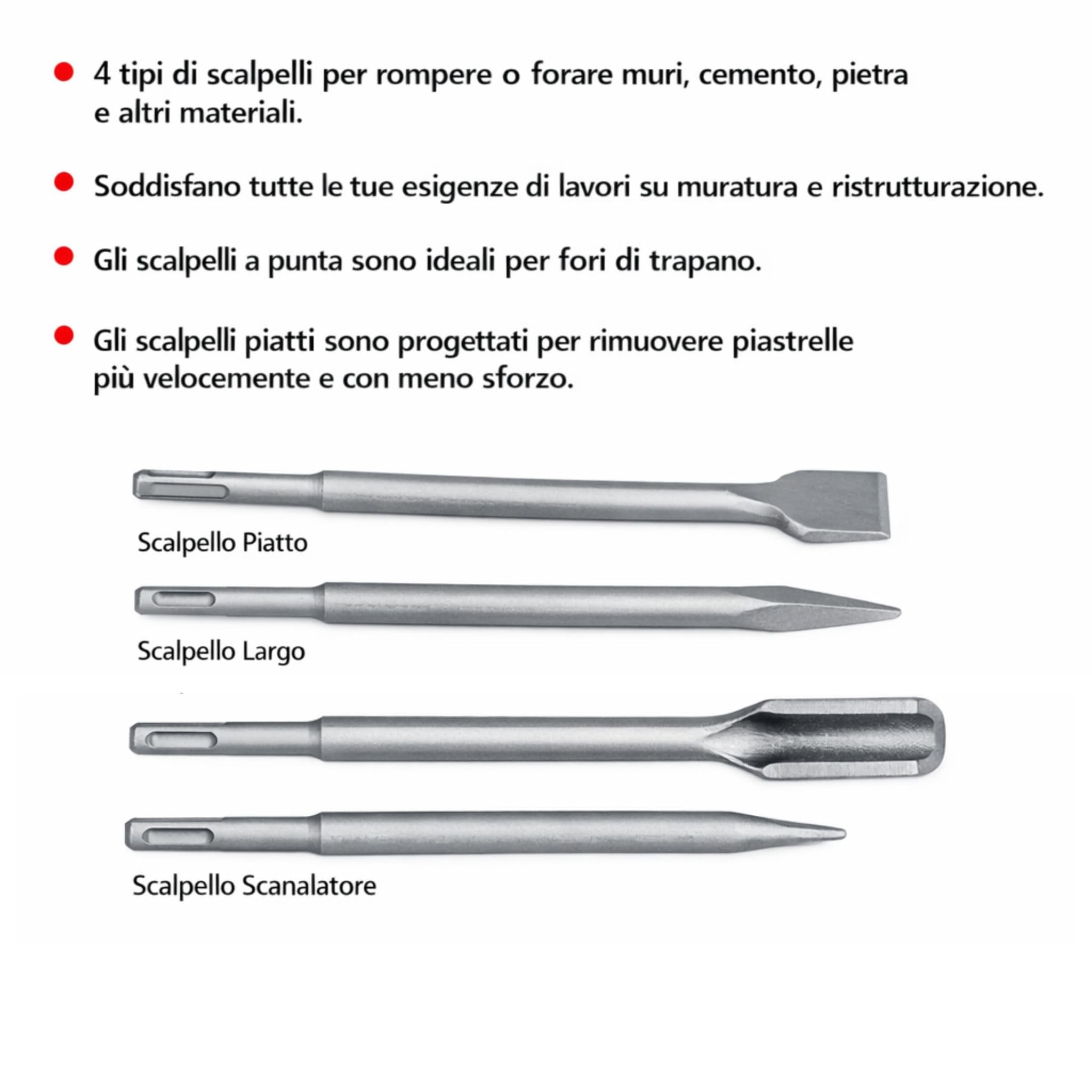 Topolenashop Set Da 4 punte da trapano SDS-Plus, punte per trapano con mezzi punta e punta piatta per mattoni, cemento, pietra, calcestruzzo e muratura, accessori per martello perforatore VHT02652