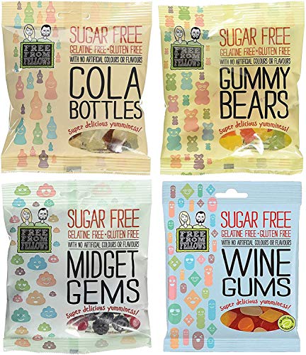 Sugar Free Sweets and Gluten Free Vegan Sweets! Free from Fellows 4 X 70g Sweet Packs - Cola Bottles Gummy Bears Wine Gums and Midget Gems Value Pack Sugarless Yummy Delicious Gelatin Free