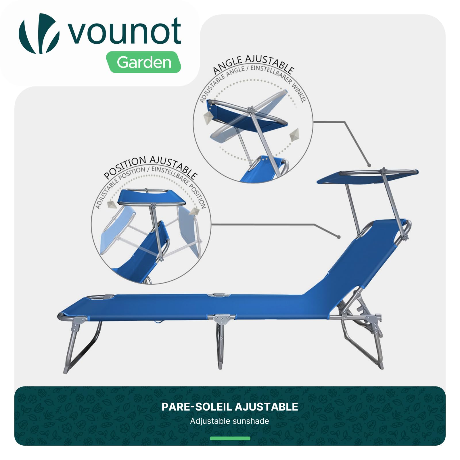 VOUNOT® Juego de 2 Tumbonas Plegable con Parasol Ajustable Tumbona Reclinable Jardín Exterior Respaldo Poliéster Regulable en 4 Posiciones Carga Máx. 120kg para Piscina Playa Terraza 190x58x27cm Azul