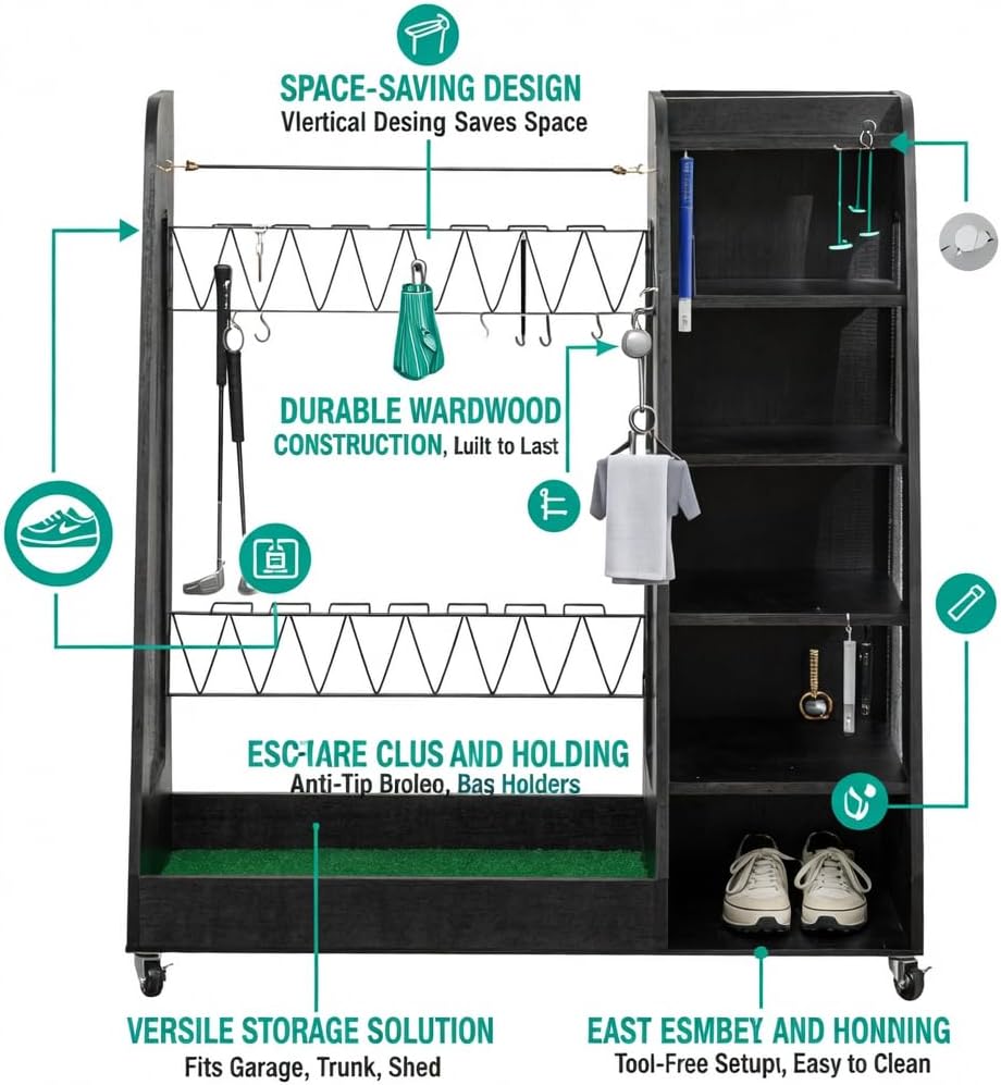 Golf Bag Organizer for Garage, Premium Wooden Golf Clubs Storage Rack Fit 2 Golf Bags, Golf Trunk Organizer for Car Garage Club Shed Basement,Black