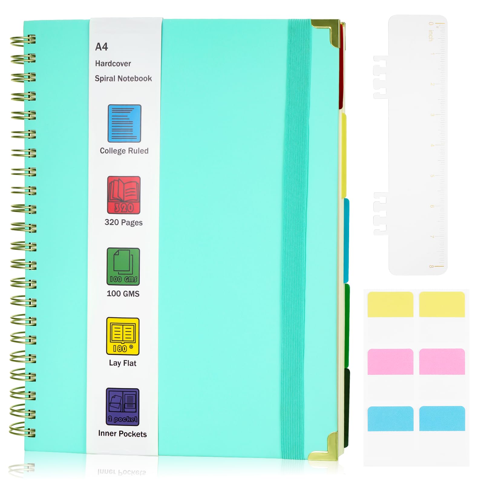 JIANTA Notatnik A4 w linie, A4 Blok na kółkach z linią – 320 stron, Bullet Journal 100GSM, 5 przegródek, twarda okładka niebieska, notes uniwersytecki w linię do biura, szkoły, uniwersytetu, pracy