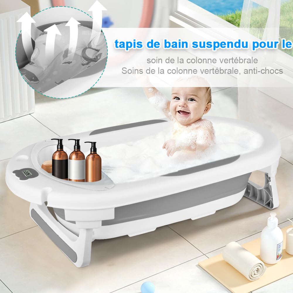Bañera de bebé plegable con termómetro integrado, baño cómodo con soporte de almacenamiento, ideal para ducha, fácil de limpiar, incluye colchón y gorro de baño (gris)