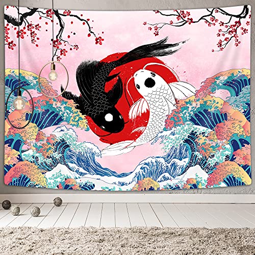 Uokiuki Japanese Tapestry Ocean Wave Tapestry, Yin Yang Koi Fish On Kanagawa Great Wave Tapestry Wall Hanging, Asia Cherry Blossoms Sakura Flower Tapestry For Living Room Bedroom Dorm Decor (60X40) #TOP1