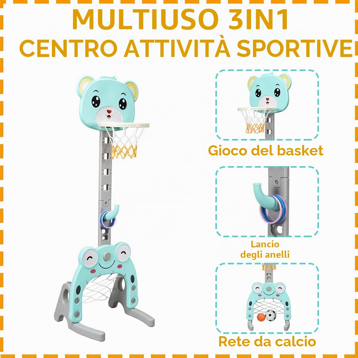 RELAX4LIFE 3 in 1 Canestro Basket per Bambini con Gioco Dell'Anello, Pallacanestro, Porta da Calcio e Golf, Altezza Regolabile 133-158cm, per 2-5 Anni (BLU)
