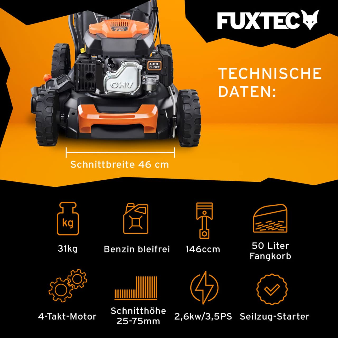FUXTEC 4in1 Benzin Rasenmäher FX-RM4646 mit Frontbumper, Gartenmäher inkl. Seitenauswurf-Funktion, 46 cm Schnittbreite, 4-Takt mit Hinterradantrieb, kugelgelagerte Big Wheel Räder, 50L Grasfangkorb