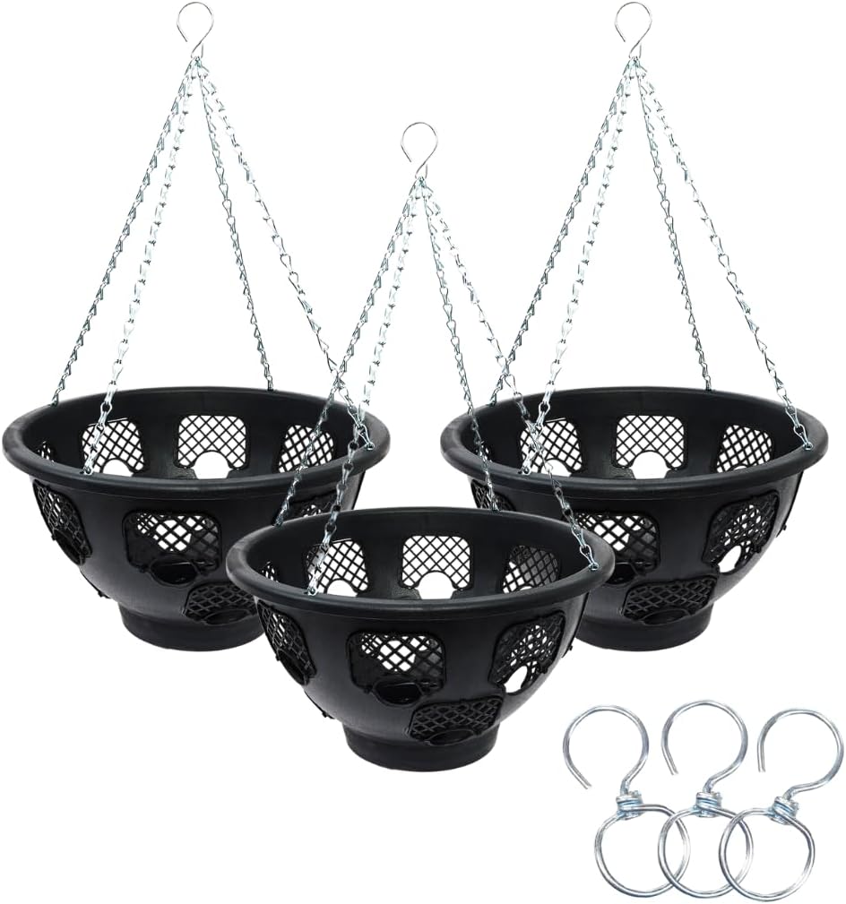 Pack of 3 Large hanging baskets 15" Black, free swivel hook