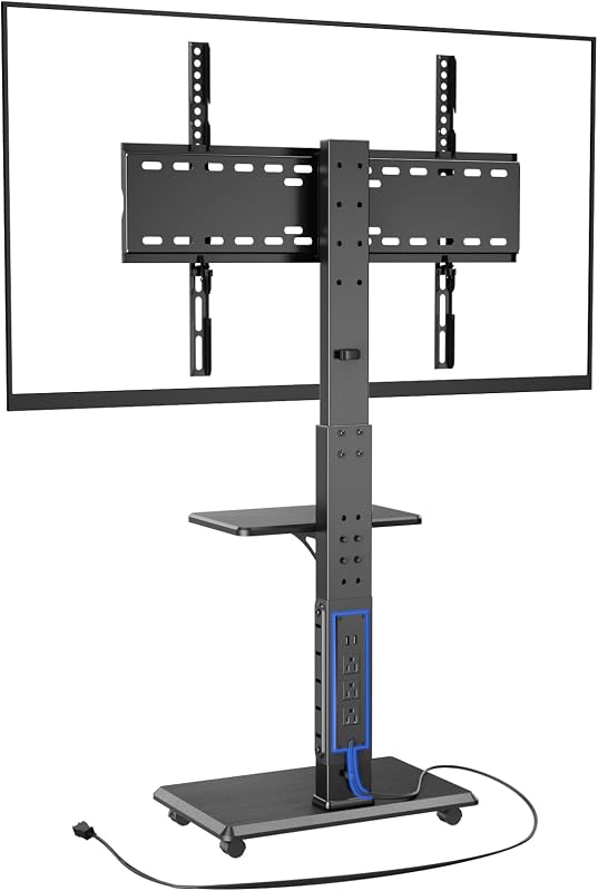 Afaloona Rolling TV Stand with Power Outlet for 32-75" TVs, up to 110 lbs | 18 height adjustments, ±30° swivel, adjustable shelf and locking wheels, mobile TV cart with VESA 75x75 to 600x400mm.