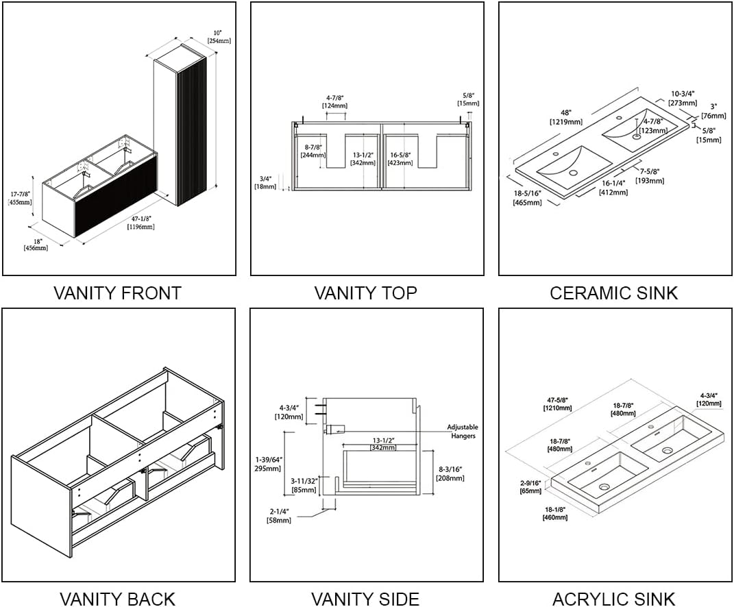 Technical drawings of the Blossom 48 inch vanity, including front, top, ceramic sink, back, side, and acrylic sink views gyda mesuriadau.