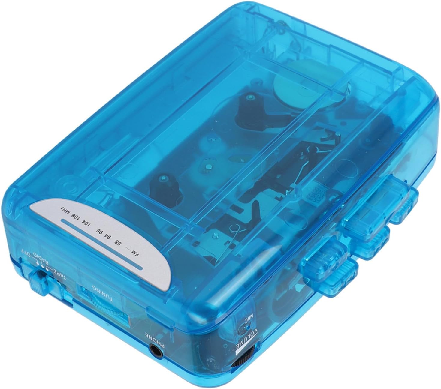 Zunate Portable Cassette Player Recorder with FM Radio, Transparent Retro Tape Player for Playback & Recording, USBBattery Powered, 3.5mm Jack, No Built-in Speaker (Transparent Blue)