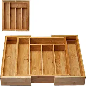 Porta Talheres Bambu Grande Extensível Ajustável Gaveta 5 Divisórias